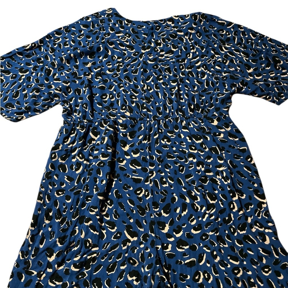 Eloquii 22 Navy and Tan Patterned Leo Print Wide Leg Plunge Neck Loose Jumpsuit - Picture 7 of 11